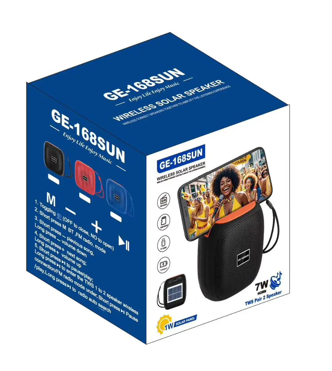 GE-168SUN 7W Mini Portable Blue-tooth Solar Speaker 1200mAh