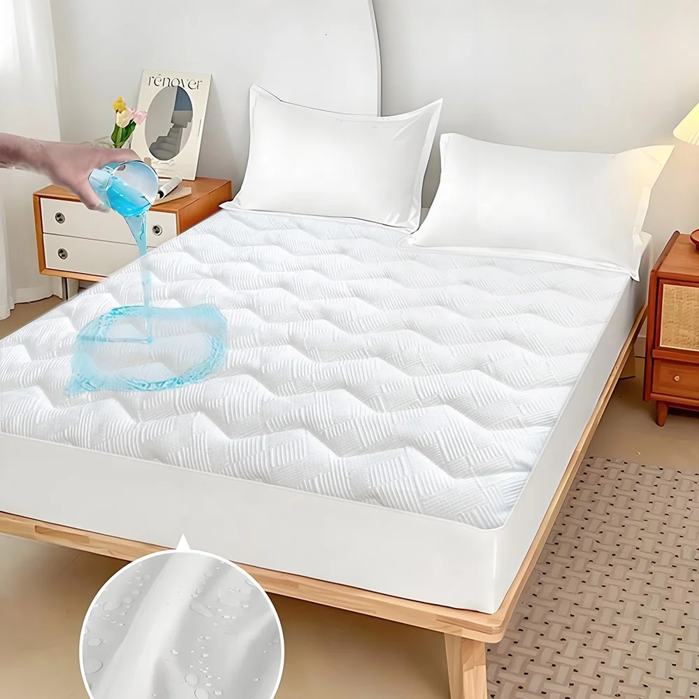 High Quality White Stripe Bed Mattress Cover Waterproof Quilted Mattress Protector Topper