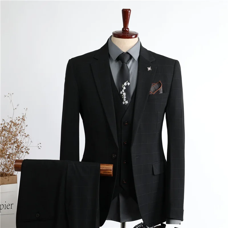 High Quality Men Thick Warm Plaid Suits 3 Pieces Blazer Pants Set ...