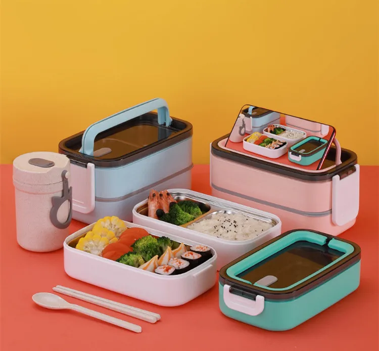 Airtight Modern Eco Friendly Double Layer Ins Style Insulated Custom Student Metal Stainless Steel Kids Tiffin Bento Lunch Box