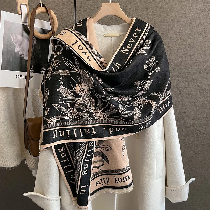 Wholesale 2023 Newest Custom Flowers Pattern Female Outerwear Scarves Winter Cashmere Scarf for Women Pashmina Blanket Shawls