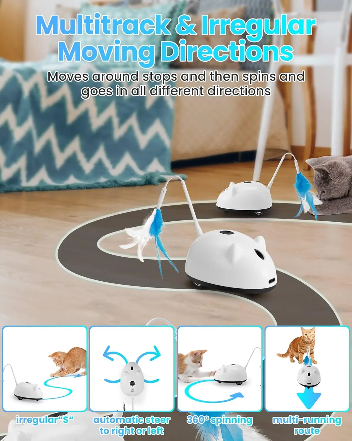 Cat Laser Toy Interactive Smart Automatic Electronic Cat Mouse Toys with Feather for Indoor Cats Kitten Play Teaser Pet Exercise