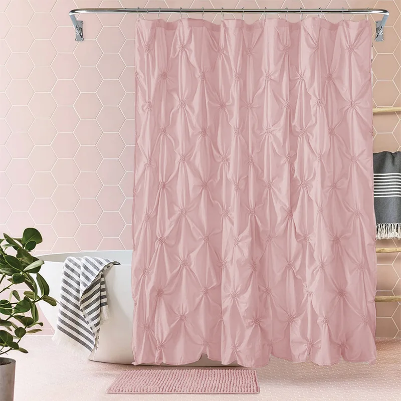 New Popular Hotel Home Bath Room Solid Color Shower Curtains Polyester Bath Curtains with Ruching with Hooks