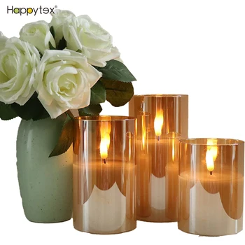 Hot Selling 3D Real Flame D7.5 Pillar Gold Glass Home Decoration Remote Timer Votive Tea Light LED Candle With Cheap Price