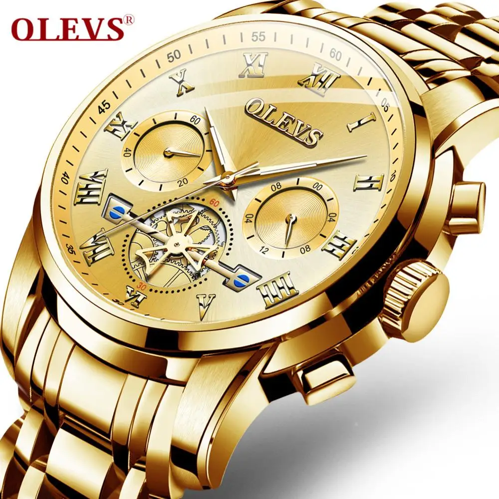 Olevs Watch Men Fashion Sports Quartz Full Steel Gold Business 