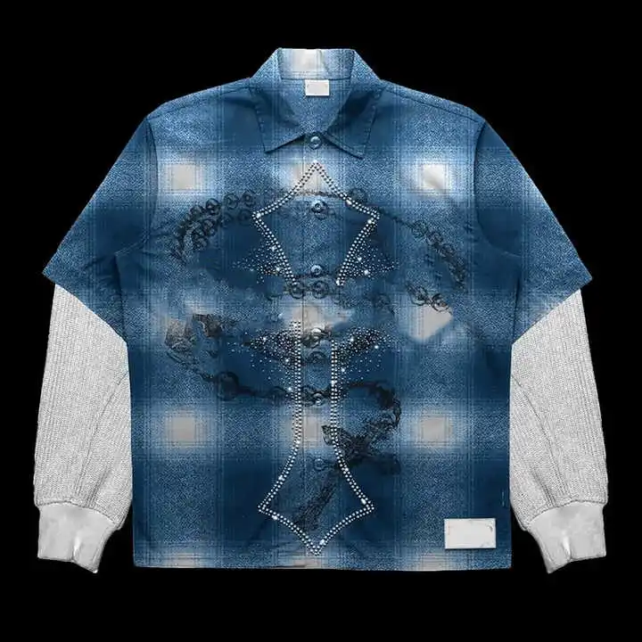 Salati T-shirt Manufacturer Button up Rhinestone Plaid Flannel Sun Faded Acid Wash Boxy Double Layer Long Sleeve T-shirt for Men