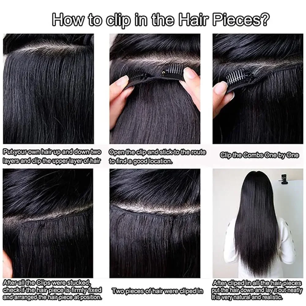 Kinky Straight Clip-in Hair Extensions Ekte Menneskehår Naturlig Svart For Kvinner Remy Sømløse Clip-ins_voghion.com