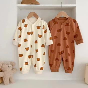 Baby boneless sewing spring and autumn full print bear jumpsuit pure cotton soft A cotton clothing for  treasure climbing suit