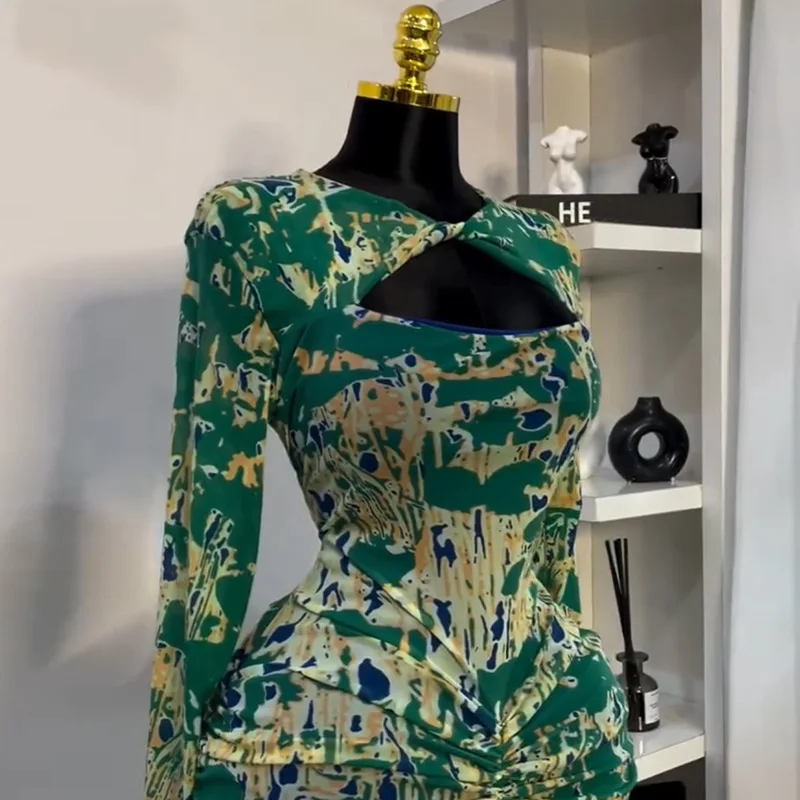 European American Women's Spring New Sweet Fresh Printed Hollow-Out Collar Long-Sleeve High-Waist Slim Hip Anti-Static