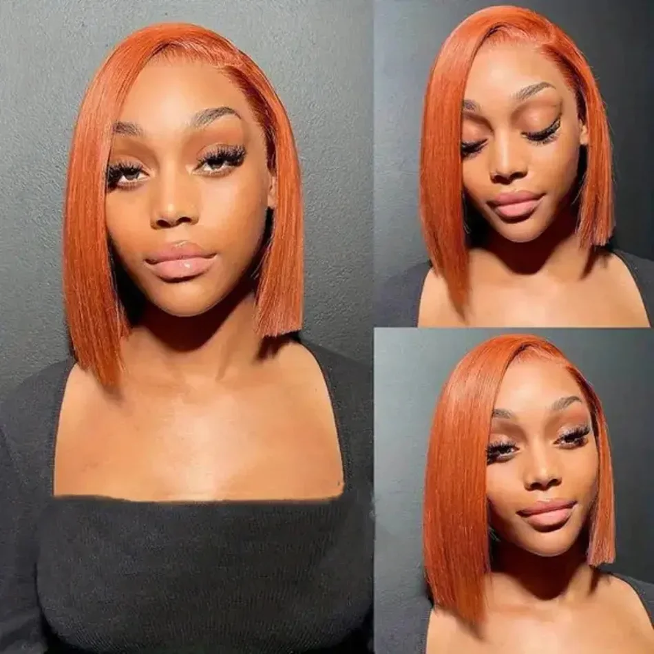 Brazilian Remy Human Hair Short Bob Wigs Lace Frontal for Women Ginger Orange Pre Plucked_voghion.com