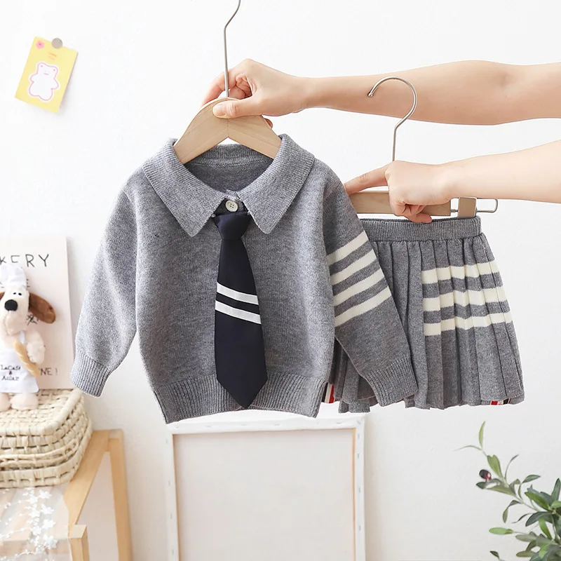 Sunny Baby Wholesale Autumn Winter Knitted College Style Cardigan Sweater  Skirt Two-Piece Kids Sweater Toddler Clothing Set