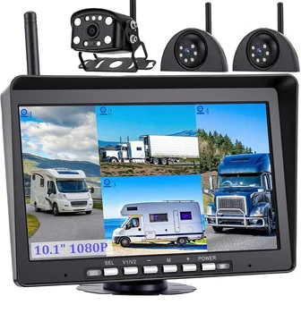 Backup Camera 10.1" 1080P Monitor & Built-in DV Side Front Reversing View Wired System FHD Image 4 Split Large Screen IP69