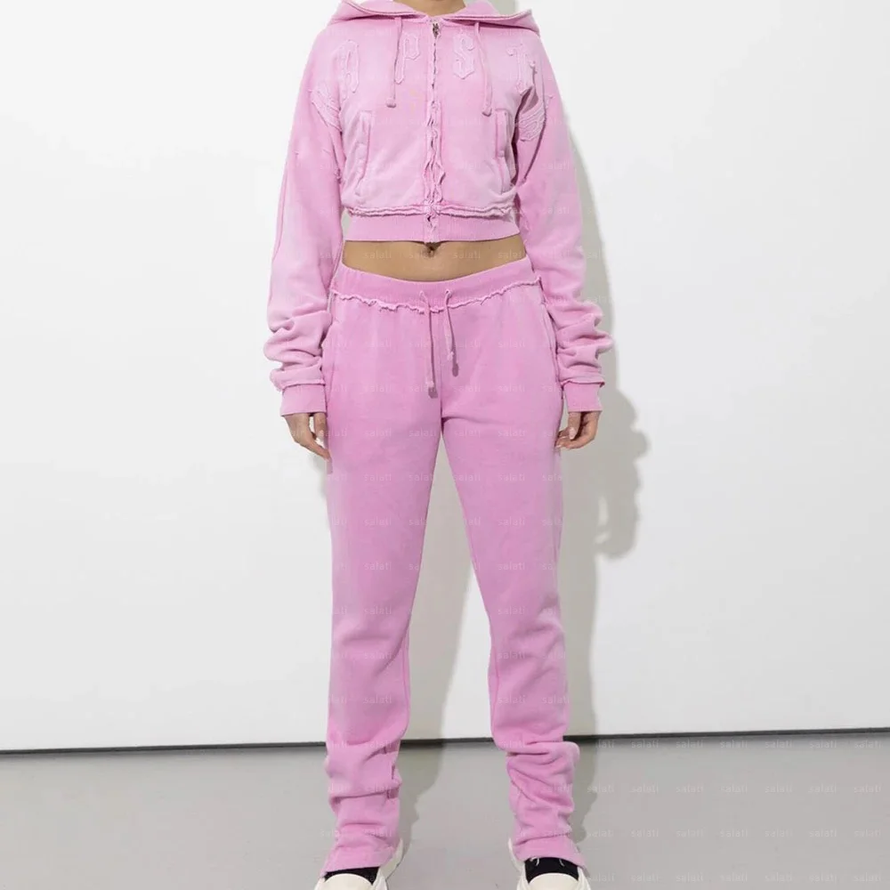 Custom Cropped Zip up Hoodie and Jogger Sets Embroidery Cotton French Terry Distressed Tracksuits Stacked Pants Sweatsuits Women gallery 8