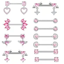 1 pair pink Nipple ring 14G Straight bar Stainless steel Piercing jewelry Zircon pendant Nipple stud Sex appeal Body jewelry