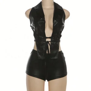 Dropshipping Wholesale New Arrivals Popular 2026 Women Clothing Pu Leather Hot Sexy 2 Piece Shorts Set