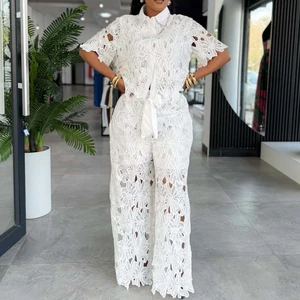 2714 Two Pieces Pant Set Women Clothes Boutique Street Wear Short Sleeve Hollow Embroidery Shirt and Wide Leg Pant 2 Piece Set