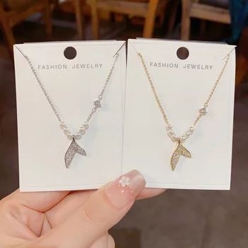 New Temperament Fashion Small Fresh Pearl Full of Diamonds Fishtail Necklace Light Luxury Hundred Lockbone Chain Wholesale