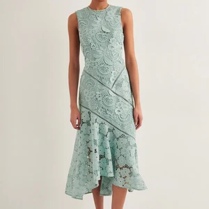 Wisrise FashionFactory New Design Elegant Mint Green Lace Sleeveless Asymmetric Ruffled Hem Slim Fit Midi Dress