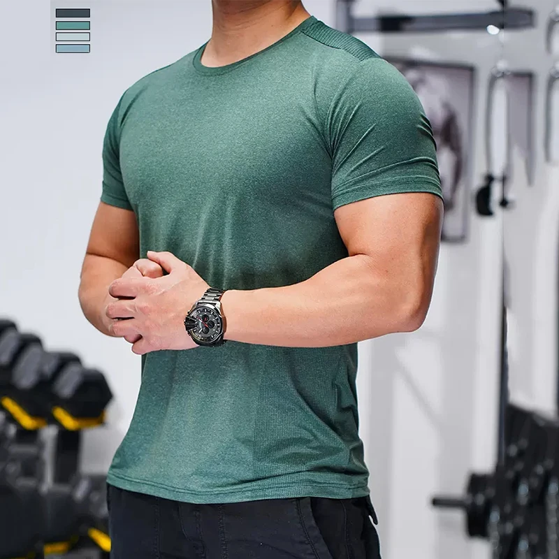 Summer Running Gym Men Nylon Spandex Shirt  Tees Elastic Fit Sports Basketball Training Fitness Quick Dry Ice Silk T Shirts