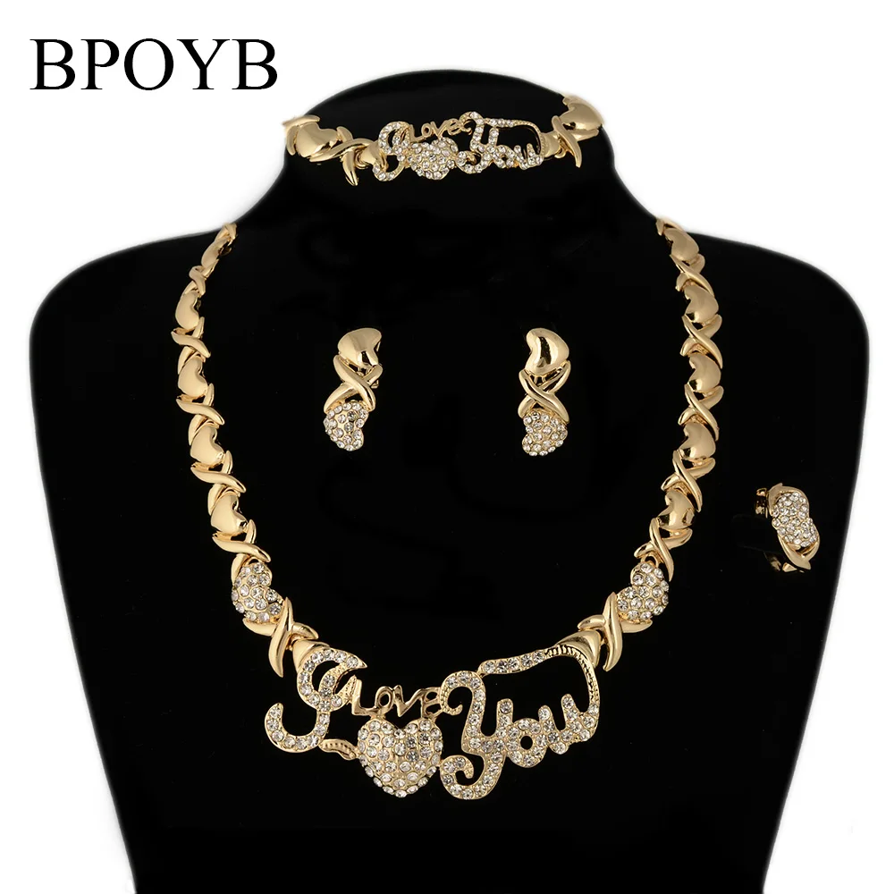 BPOYB Latest Big I Love You Heart Xoxo Necklace Jewelry Set American Diamond Gold Plated Jewelry Set Adult Gifts