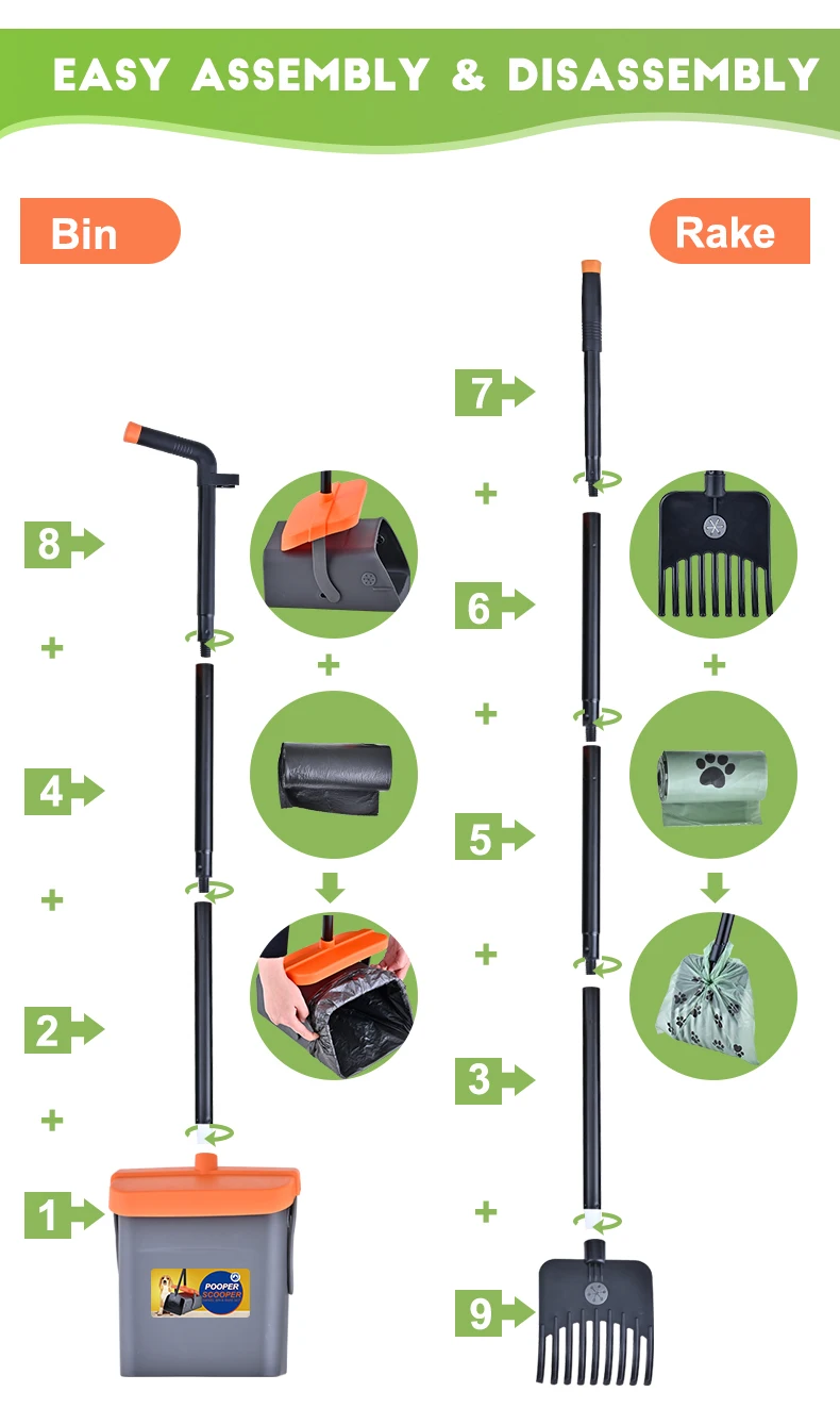 Pooper Scooper Swivel Bin & Rake,Large Capacity,Adjustable Long Handle