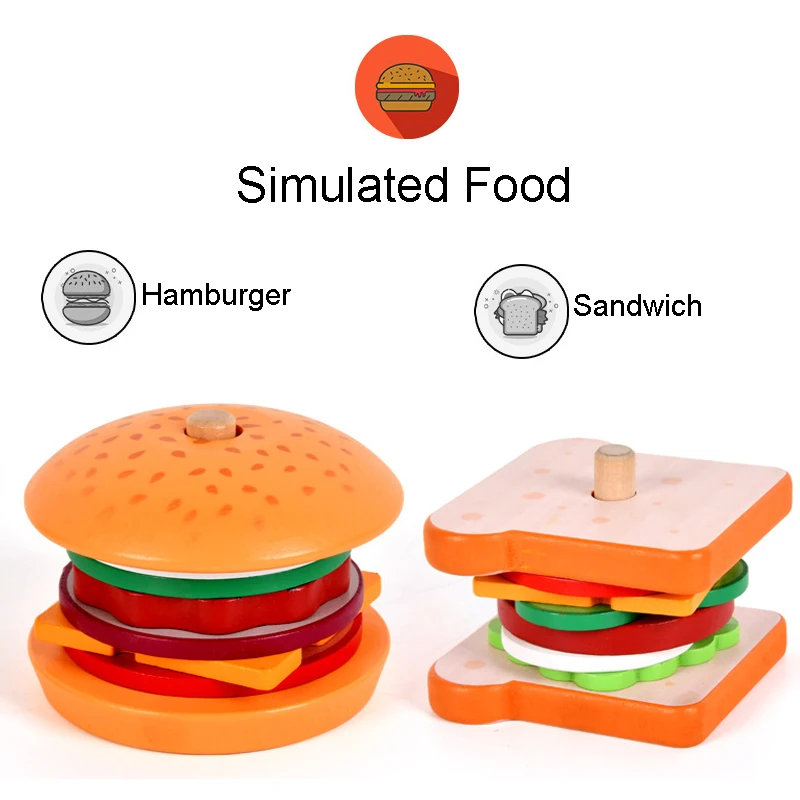 Hot Selling New Wooden Hamburger Sandwich Stacking Kitchen Pretend Play Toys Hobbies Baby Kids Other Toys For Children Girls