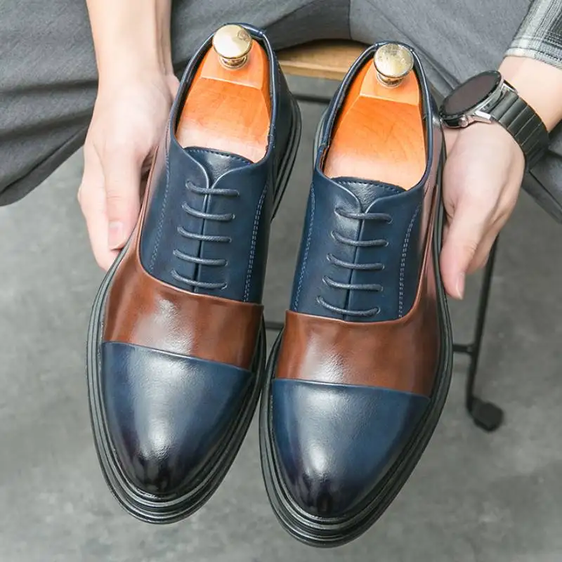 Size 38-46 Blue+Brown Color Lace up Pointed Toe Flat Sole Leisure Casual  Dress Shoes for Men