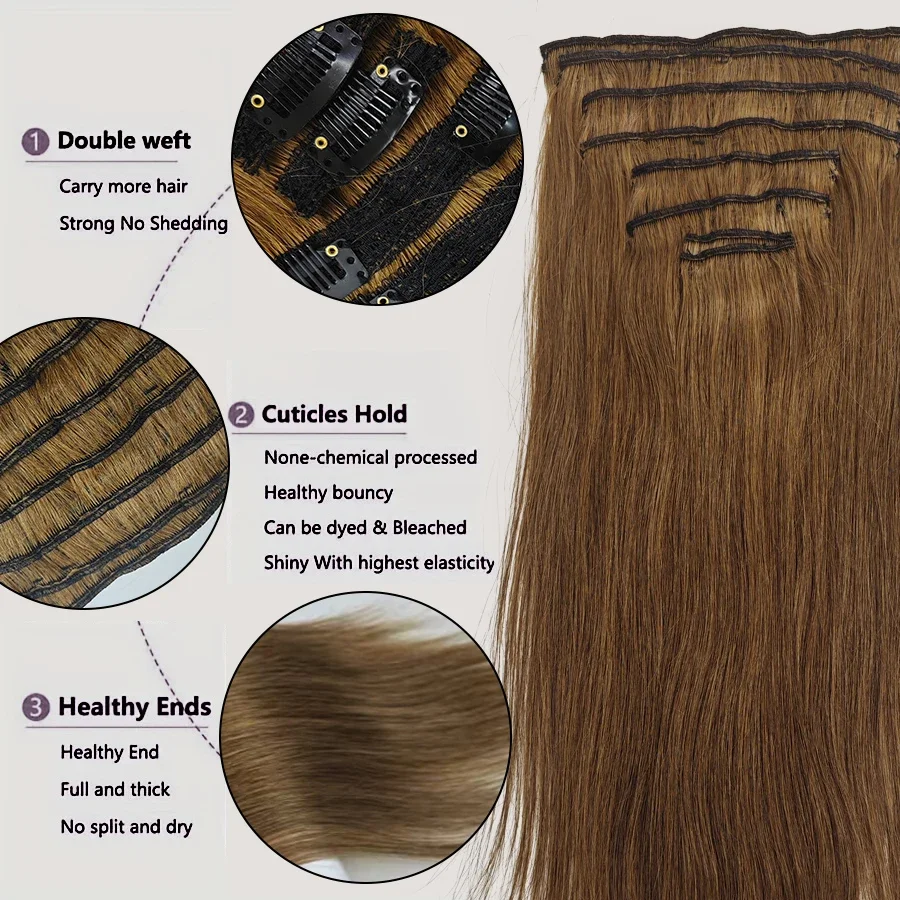Clip-In-Haarverlängerungen, 8 Stück/Set, glattes Echthaar, hellbraun, nahtlos, Hautschuss, Clip-On-Haarteile_voghion.com