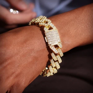 Miss Jewelry New Hip Hop 17.5mm 18k Gold Plated Men Diamond Cuban Link Bracelet CZ Bracelet for Men