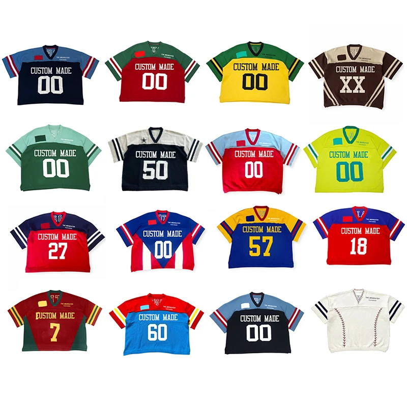 Custom Heavy Cotton V Neck Drop Shoulder Tshirts Long Sleeve Tshirt Knit Sport Football Jersey Sweater T-Shirt Men Knit Jersey