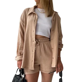 European and American women's two-piece crinkled lapel long sleeve shirt high waist drawstring shorts fashion casual suit