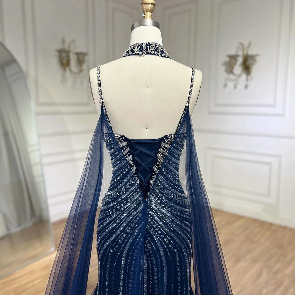 sachin and babi light blue dress Suzhoufashion Navy Blue Wedding Guest Dress Beaded Satin A Line Long Formal  Dress With Slit – suzhoufashion main image 0