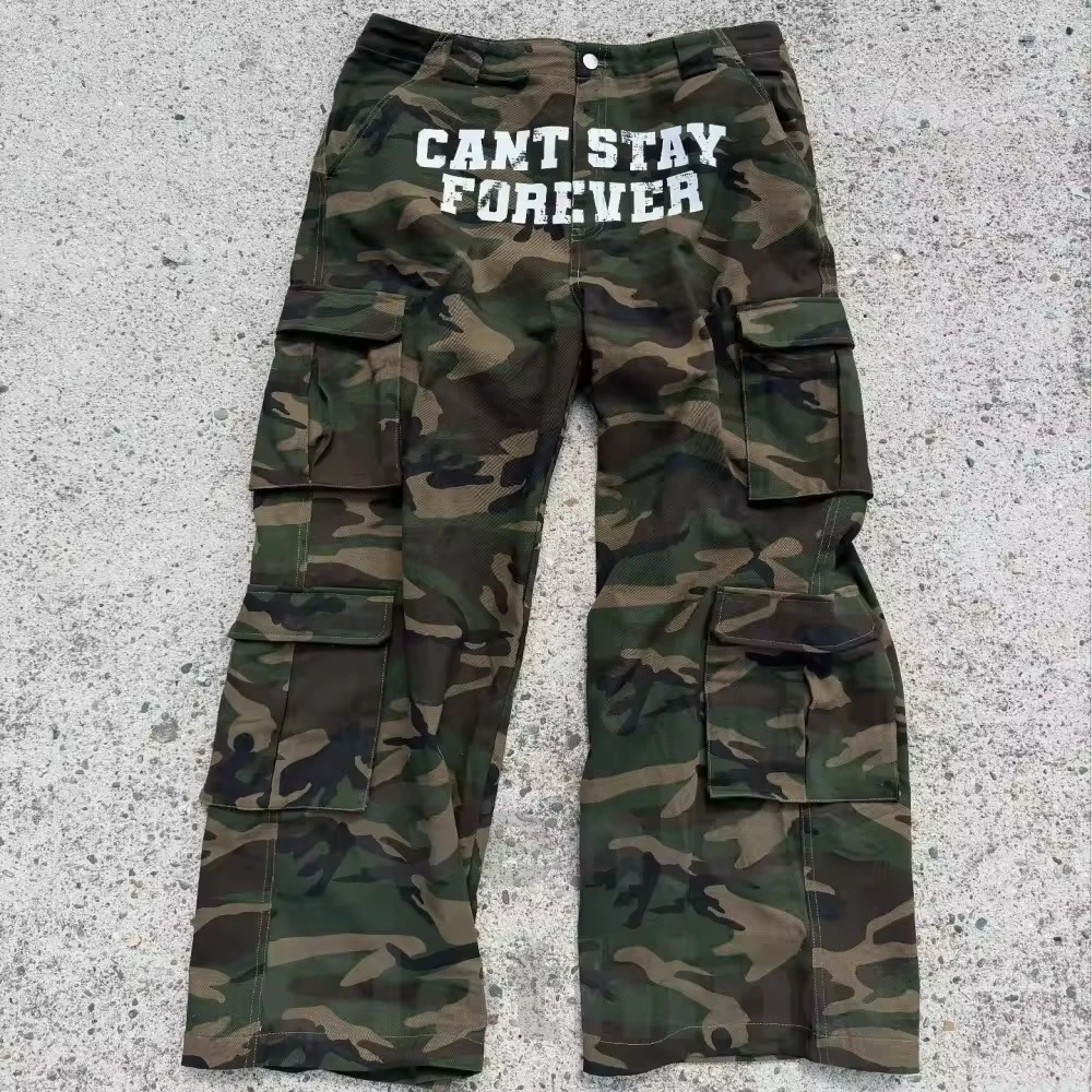 Custom Full Dtg Camo Print Cargo Pants Canvas 6 Pocket Cargo Pants Men Wide Straight Leg Oversized Baggy Vintage Washed Trousers gallery 4