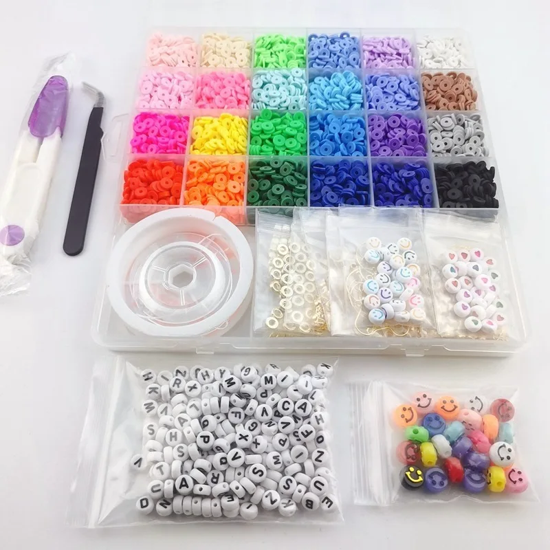 Jc 24 Colors 6000 Pcs Diy Clay Beads Set 28 Grids Loose Letter And Smile Beads Flat Round