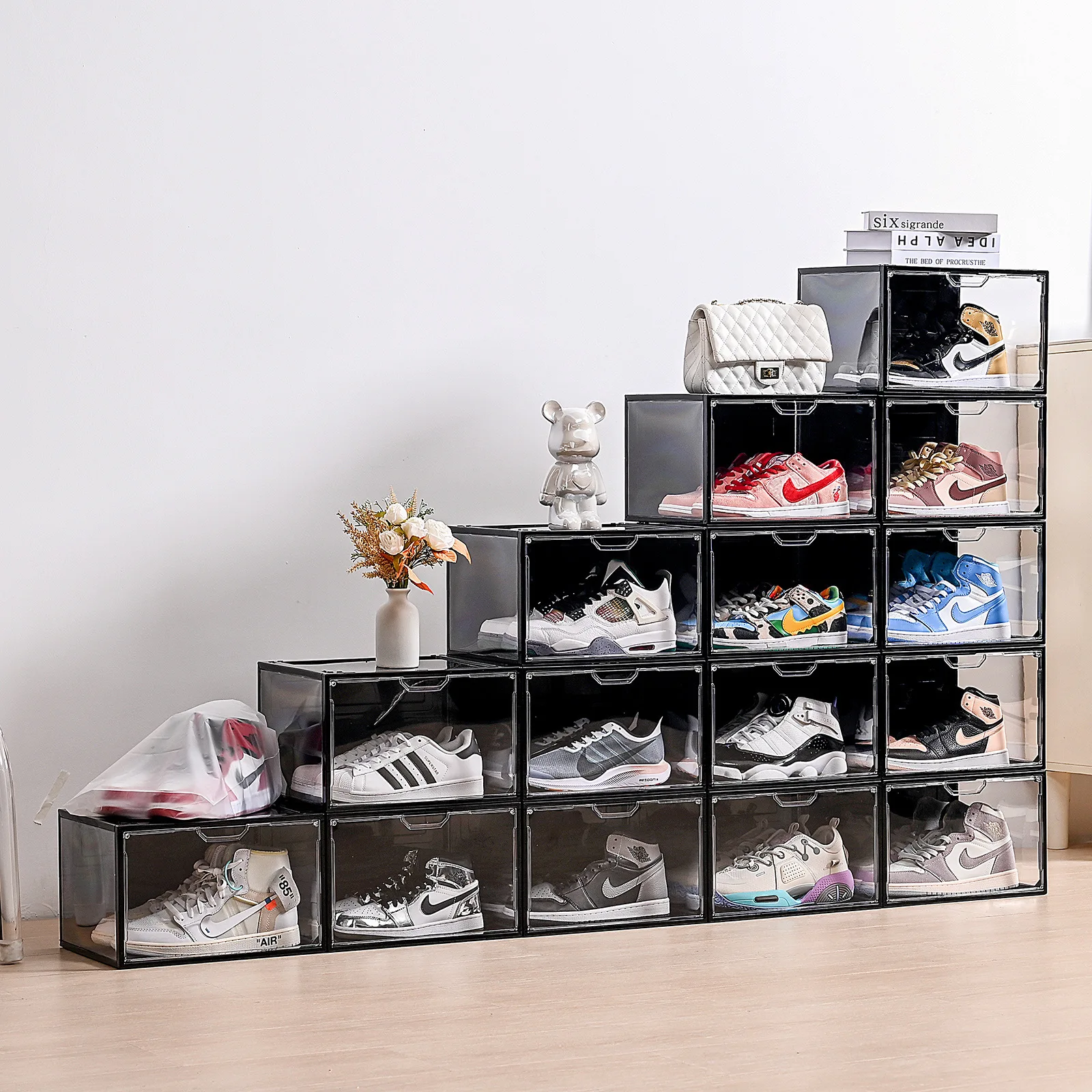 33.5*25*18cm Transparent Plastic Acrylic Shoe Box Square Foldable Anti-Oxidation Sneakers Storage Wall Cabinet with PP Plastic