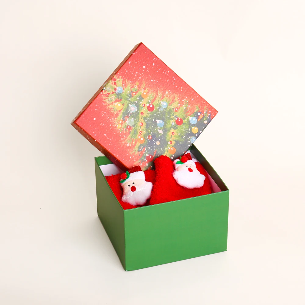 Manufacturer Custom Christmas Socks Packaging Rigid Grey Board Paper Gift Square Box for Christmas