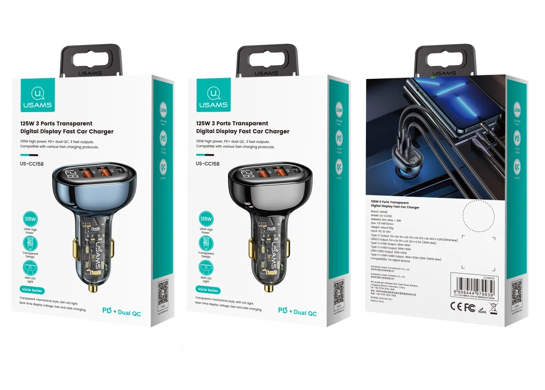 Usams New Transparent Portable Car Charger Digital Display Car Charger