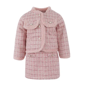 Customizable Girls Sweet Style Winter Two-Piece Set Plaid Jacket Shorts Denim Children Clothing