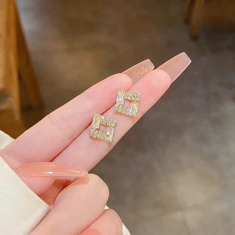 Classic Zircon Square Stud Earrings S925 Silver Needle Geometric Square