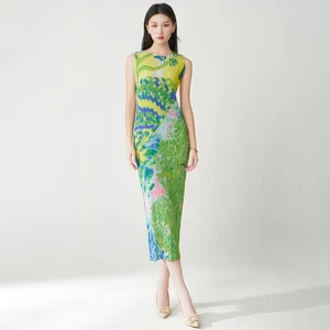 Women Elegant Summer Casual Dresses High Quality Stretch Straight Pleated Printed Dress Factory Polyester Fabric