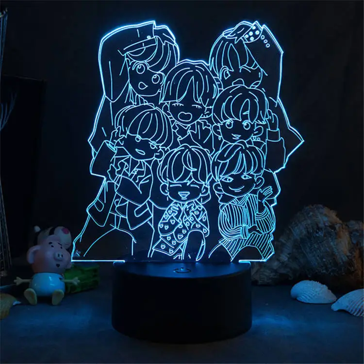 Lindo Kpop BTS Bangtan Boys Anime Character 3D LED Dormitorio Decoración  Dormitorio Lámpara de mesa con control remoto 7 colores Visual Night Light