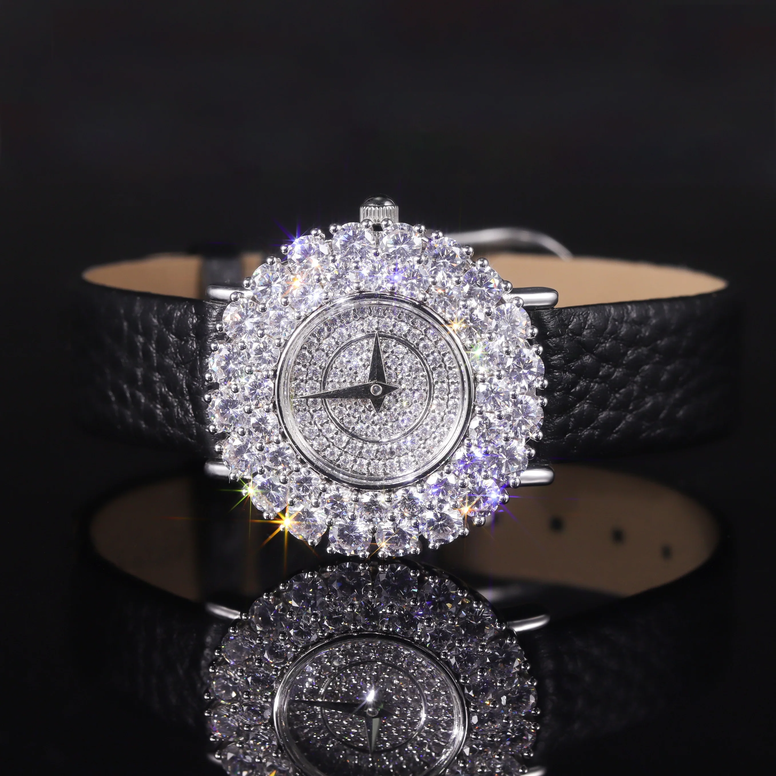 JW Abiding Custom Daily Life Use Cubic Zirconia Moissanite Diamond Iced Out Stainless Steel Quartz Leather Band Watches