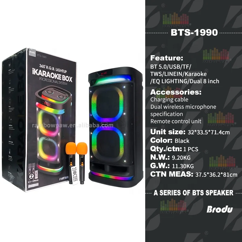 Bts-1990 Double Inch Subwoofer Karaoke Party Speaker Wireless Portable  Colorful Rgb Light Bt Speaker Partybox Two Microphones