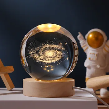 Wooden Base Carved Night Light Luminous Crystal Ball Tabletop Decoration with New Year Theme Creative Bedroom Gift