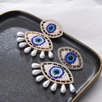 Bohemia Style Blue Double Evils Eyes Beaded Drop Earring Baroque CZ Pearl Bead Evils Eyes Earring For Women