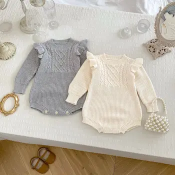 Ins Infant autumn clothing baby girl solid color long-sleeved cotton yarn onesie romper jacquard sweater romper