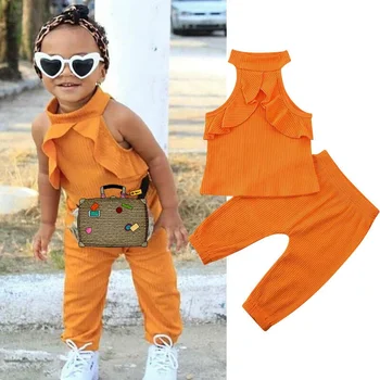Clothes For Kids Girl Lovely Toddler Kid Baby Girl Clothes Sets Ruffles Solid Sleeveless Tops Long Pants Outfits Summer 2pcs Set