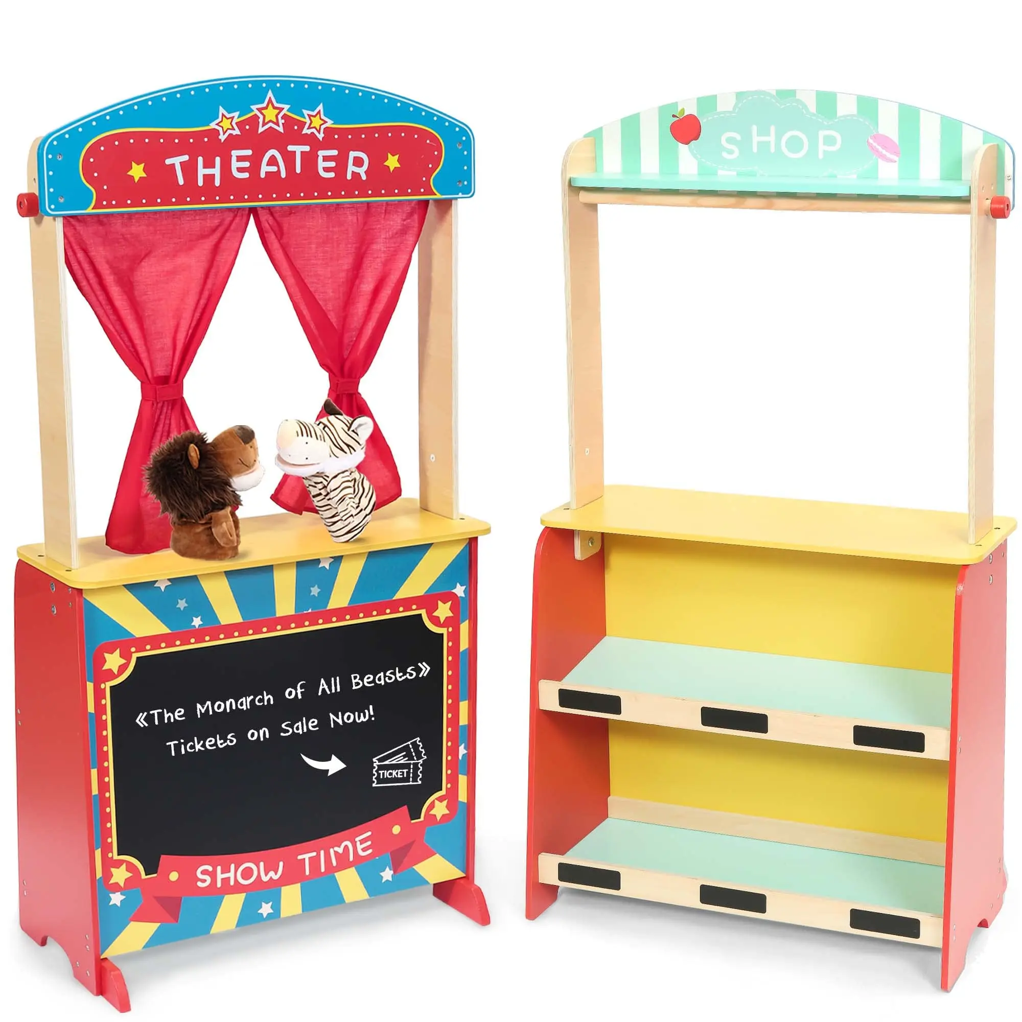 New Design Double-sided Puppet Stage With Chalkboard role Play Fruit Display Shop Kids Wooden Pretend Theatre