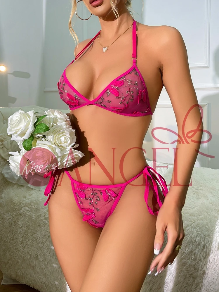 Cute Girl Sexy Bra Panty Set Images KISS ME ANGEL OEM Hot pink Embroidery Hollow Out Halter Backless Dress Sexy Lingerie