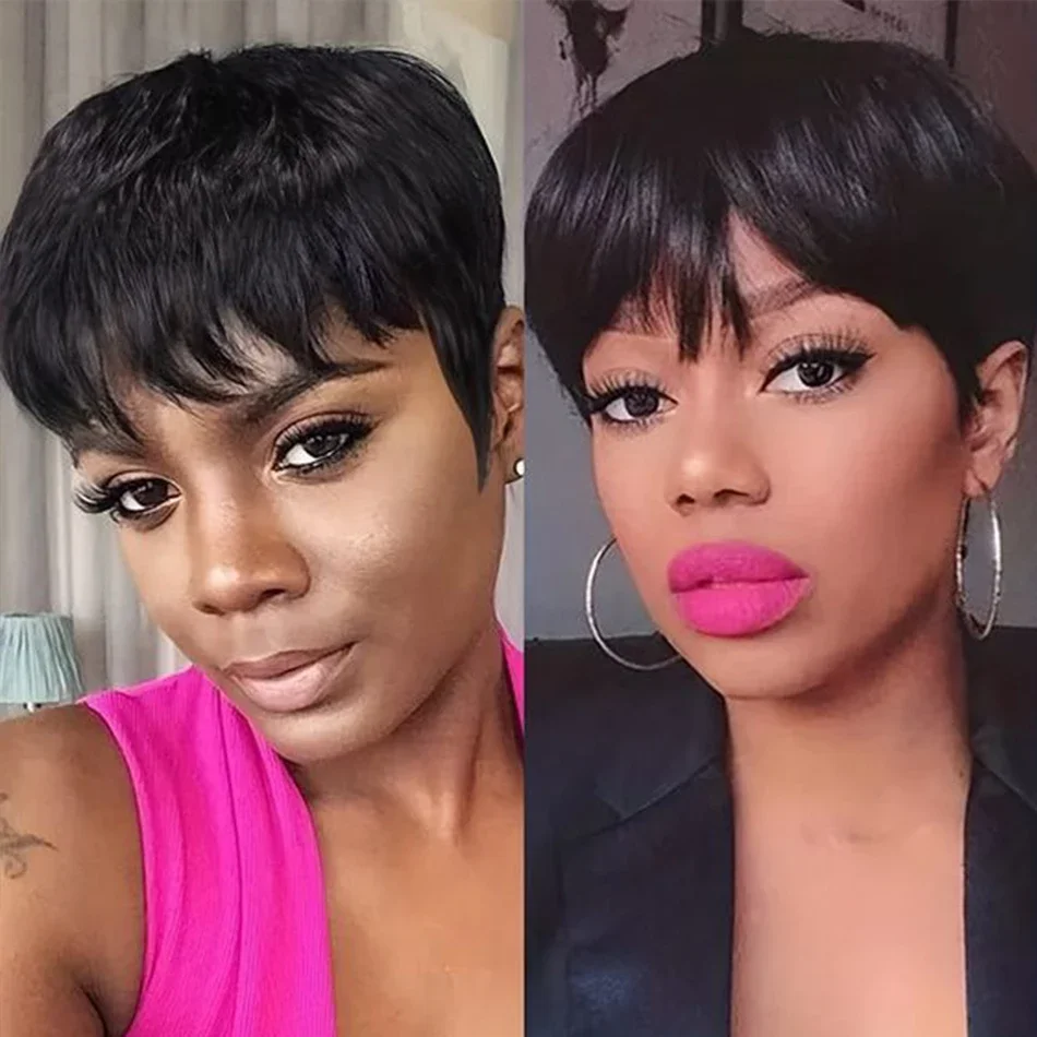 Korte Bob Glat Parykker Ægte Hår med Pandehår Brasiliansk Remy Hår Pixie Cut Paryk Naturlig Billig Parykker til Sorte Kvinder_voghion.com